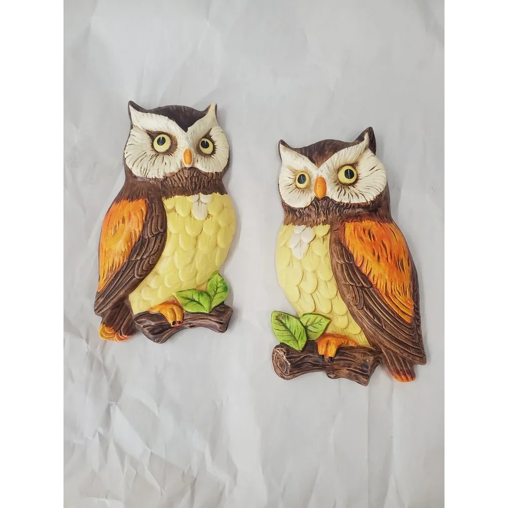 Vintage Lefton Ceramic Owl Wall Plaques‎ Set of 2 Brown Orange Yellow Japan 382